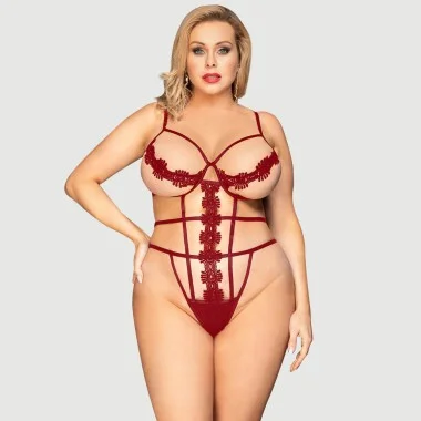 Plus Size Sexy Κορμάκι Delicate Flowers Lace Hollow Out Teddy With Underwire - Κόκκινο