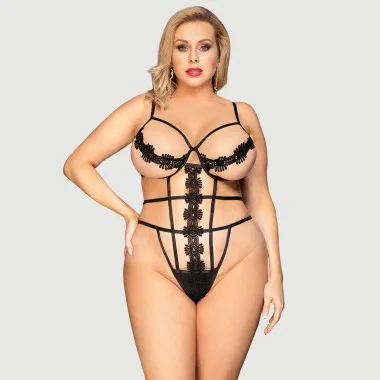 Plus Size Sexy Κορμάκι Delicate Flowers Lace Hollow Out Teddy With Underwire - Μαύρο