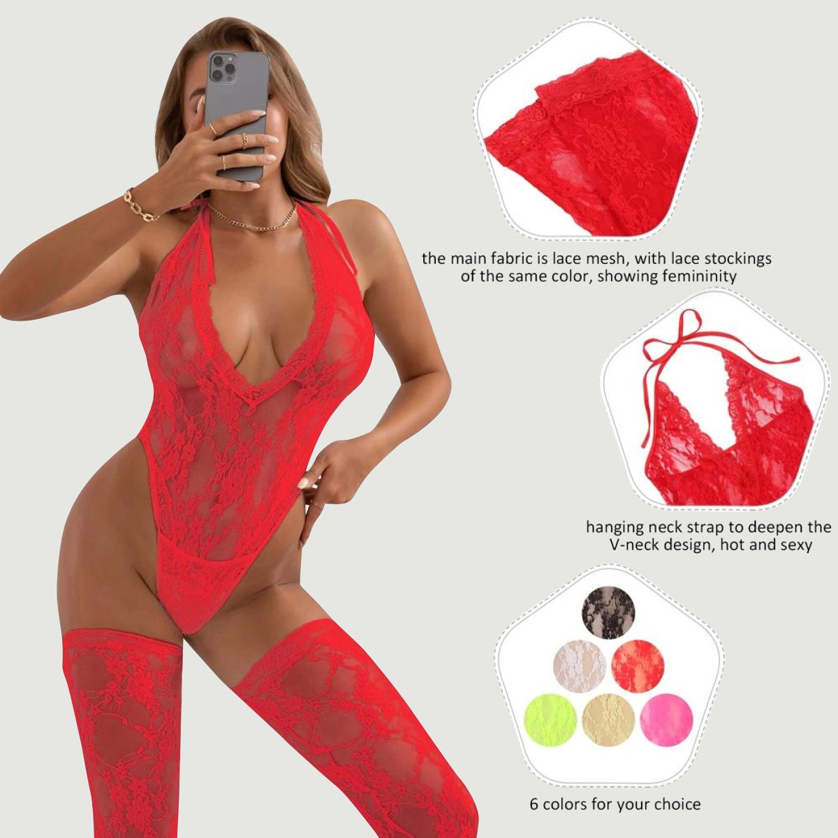 Plus Size Sexy Κορμάκι Με Κάλτσες Halter V Neckline Lace Teddy With Stockings - Κόκκινο by Sexopolis