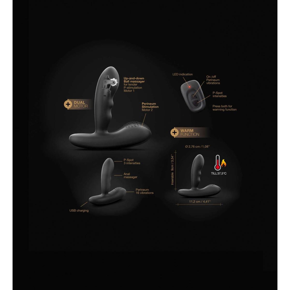 Ασύρματος Δονητής Προστάτη με Θέρμανση P-Stroker Remote Controlled Vibrating & Heating Silicone Prostate Vibrator - Μαύρος by Sexopolis