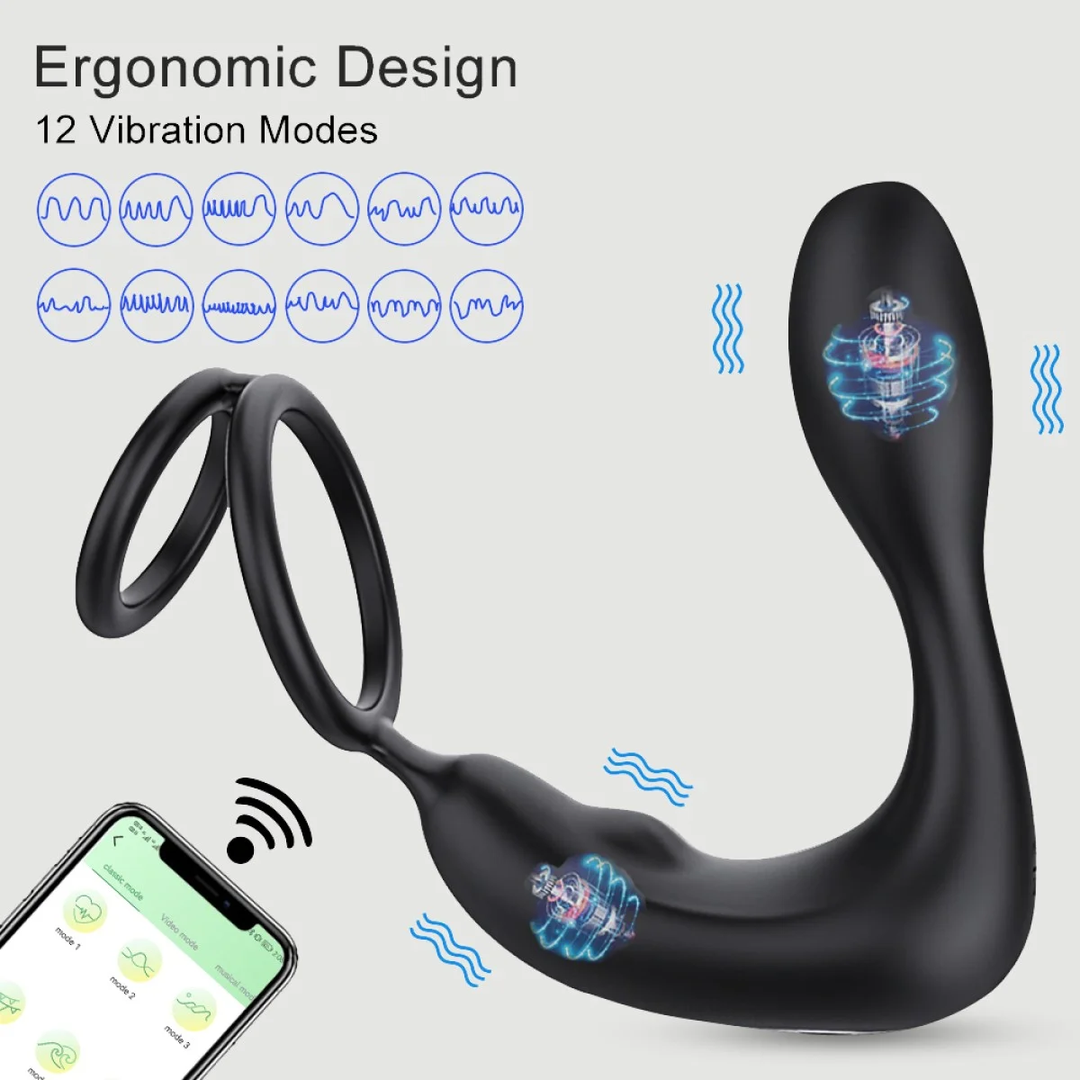 Ogma App Controlled Double Prostate Massage Vibrator with Cock Ring - Black by Sexopolis