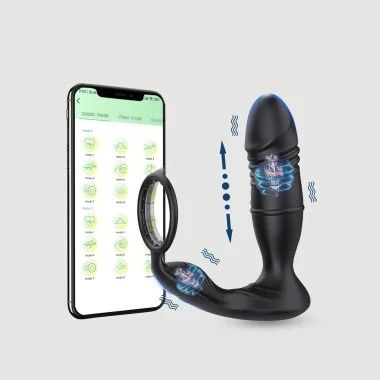 Παλινδρομικός Ασύρματος Δονητής Προστάτη Σιλικόνης με Application & Δαχτυλίδι Indigo App Controlled Silicone Thrusting Prostate Vibrator with Cock Ring - Μαύρος