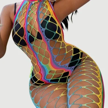 Διχτυωτό Ολόσωμο Καλσόν Halter Sexy Backless Mesh Hollow Out Bodystocking - Πολύχρωμο