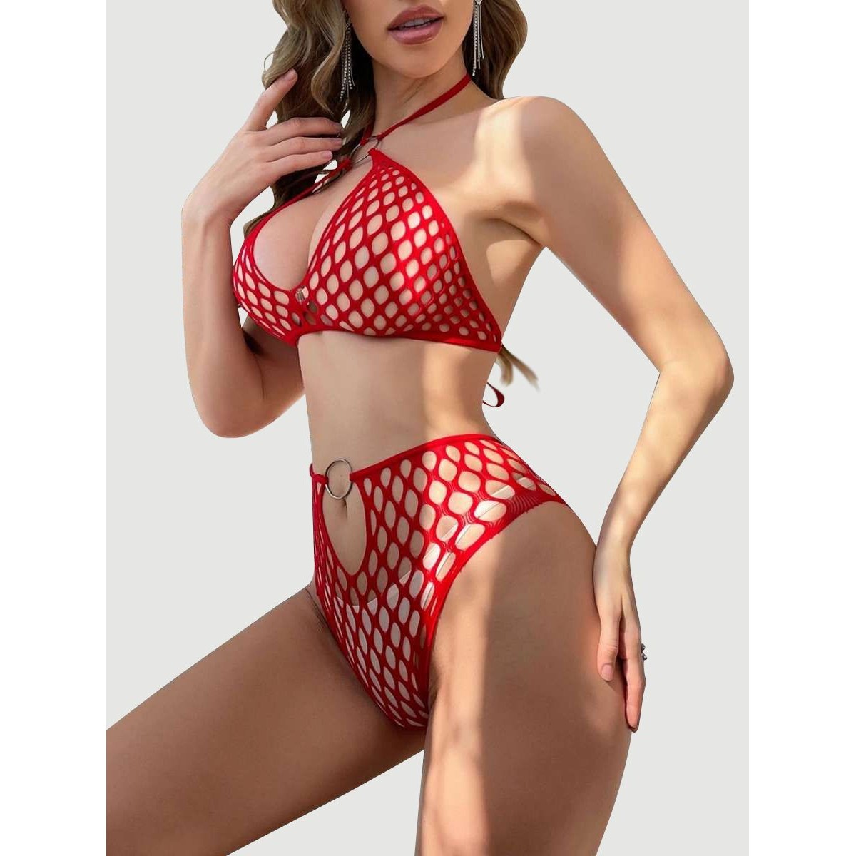 Διχτυωτό Ολόσωμο Καλσόν Joanna 2 Piece Sexy Fishnet Bodystocking - Κόκκινο by Sexopolis