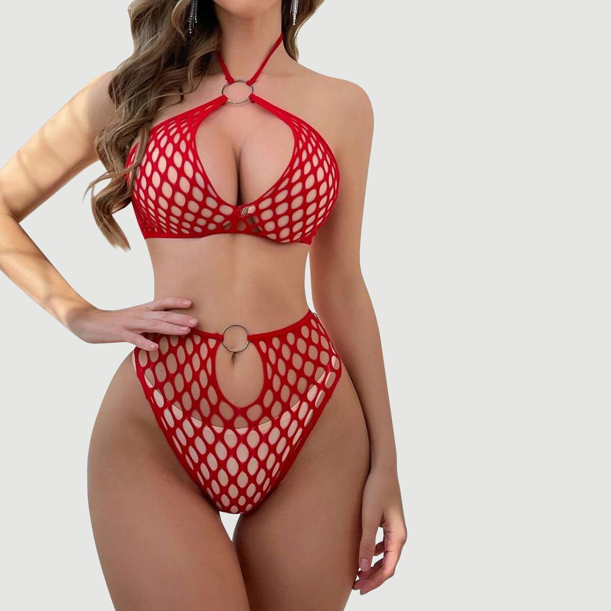 Διχτυωτό Ολόσωμο Καλσόν Joanna 2 Piece Sexy Fishnet Bodystocking - Κόκκινο by Sexopolis