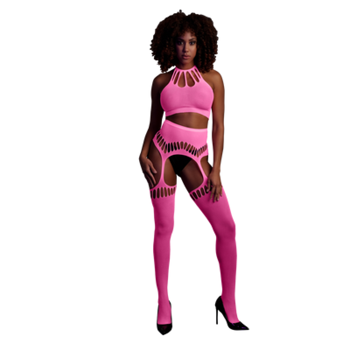 Glow In The Dark Crotchless Two Piece with Crop Top & Stockings - Pink by Sexopolis