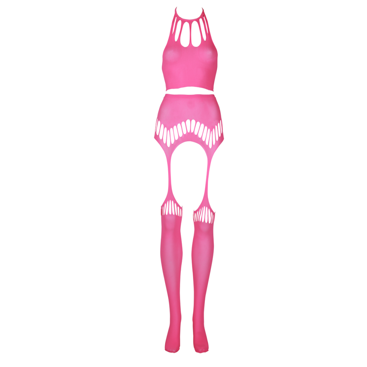 Glow In The Dark Crotchless Two Piece with Crop Top & Stockings - Pink by Sexopolis