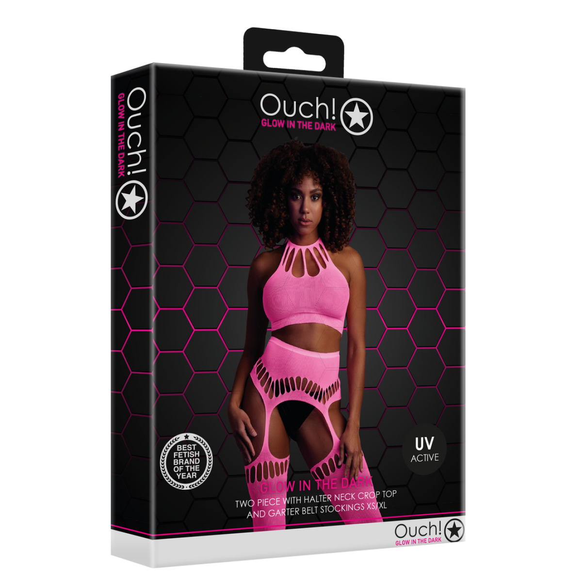 Glow In The Dark Crotchless Two Piece with Crop Top & Stockings - Pink by Sexopolis