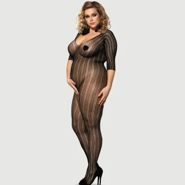 Plus Size Ανοιχτό Ολόσωμο Δίχτυ Από Δαντέλα Black Lace Crotchless Bodystocking - Μαύρο
