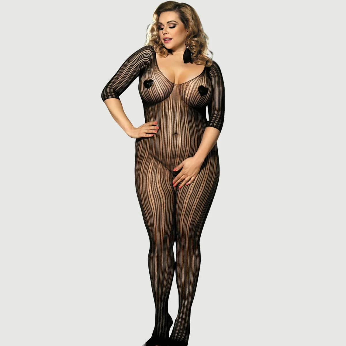 Plus Size Ανοιχτό Ολόσωμο Δίχτυ Από Δαντέλα Black Lace Crotchless Bodystocking - Μαύρο by Sexopolis