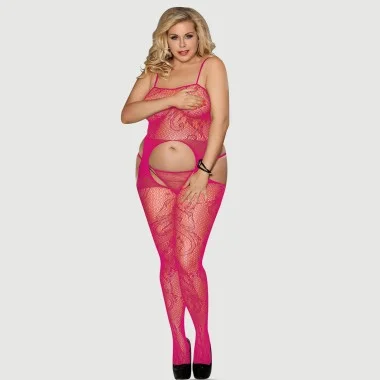 Plus Size Διχτυωτό Ολόσωμο Με Ανοιχτό Καβάλο Sexy Crotchless Fishnet Bodystocking - Ροζ