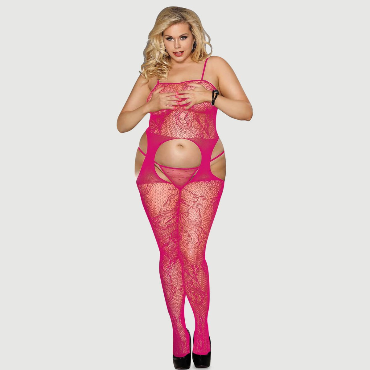Plus Size Διχτυωτό Ολόσωμο Με Ανοιχτό Καβάλο Sexy Crotchless Fishnet Bodystocking - Ροζ by Sexopolis