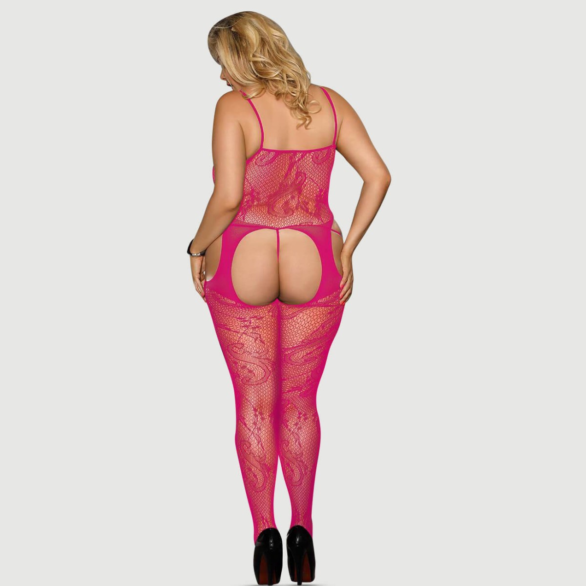 Plus Size Διχτυωτό Ολόσωμο Με Ανοιχτό Καβάλο Sexy Crotchless Fishnet Bodystocking - Ροζ by Sexopolis