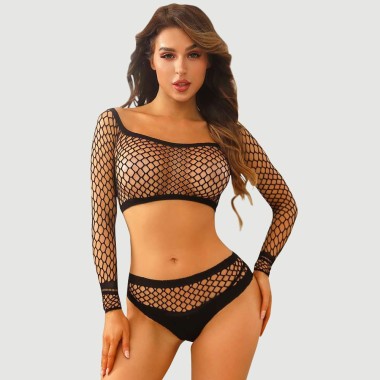 Σετ Διχτυωτό 2 Τεμαχίων Nika 2 Piece Fishnet Lingerie Set - Μαύρο