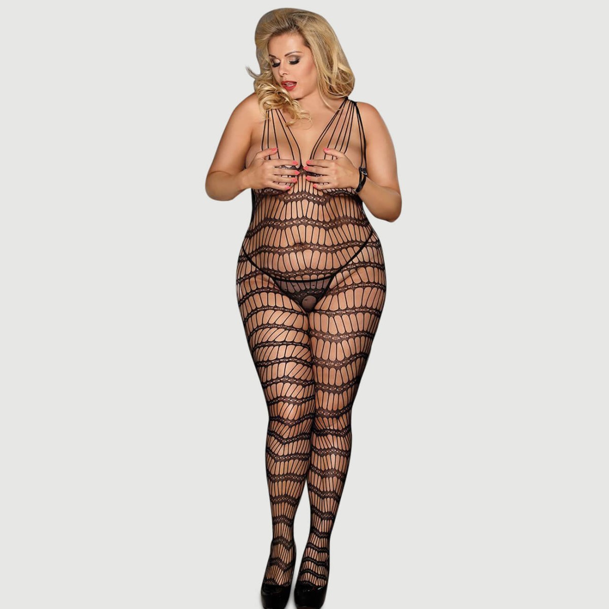 Plus Size Fence Net Transparent Bodystocking - Black by Sexopolis