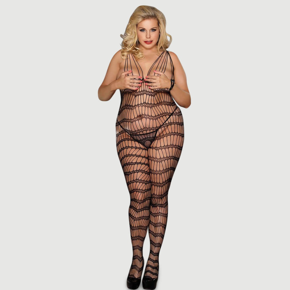 Plus Size Fence Net Transparent Bodystocking - Black by Sexopolis