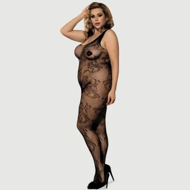 Plus Size Ανοιχτό Ολόσωμο Καλσόν Fishnet Crotchless Bodystocking With Lacing - Μαύρο