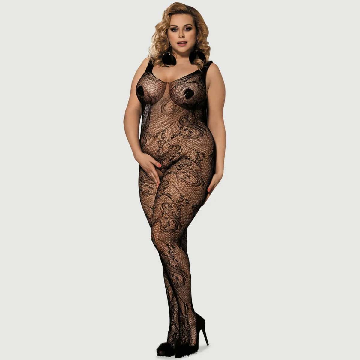 Plus Size Ανοιχτό Ολόσωμο Καλσόν Fishnet Crotchless Bodystocking With Lacing - Μαύρο by Sexopolis
