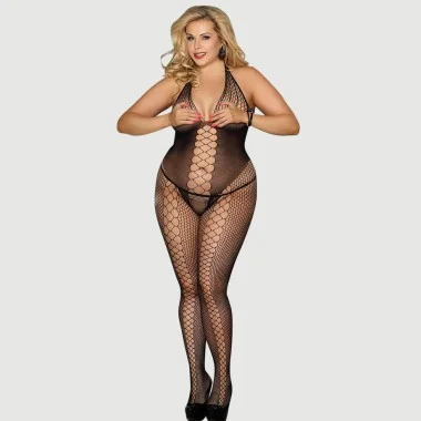 Plus Size Ανοιχτό Ολόσωμο Καλσόν Halter Neck Open Back Netted Bodystocking - Μαύρο