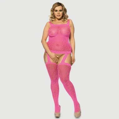 Plus Size Ολόσωμο Δίχτυ Με Ριγέ Λεοπάρ Πατρόν & Ζαρτιέρες Leopard Patterned Garter Fishnet Bodystocking - Ροζ