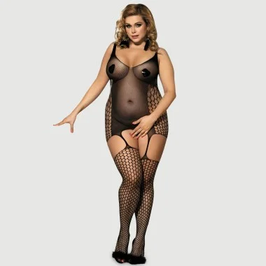 Plus Size Ολόσωμο Δίχτυ Με Τολμηρά Κοψίματα & Σχέδιο Πλέγματος Bold Cutout Pothole Bodystocking - Μαύρο