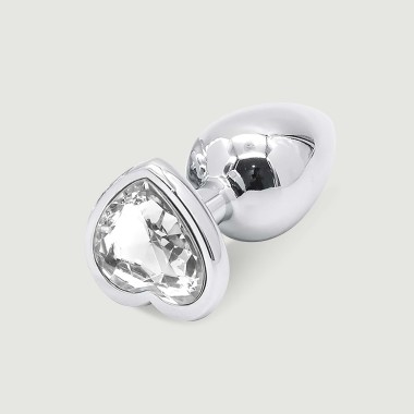 Anal Collection Medium Metal Butt Plug with Heart Jewel - Silver/Transparent