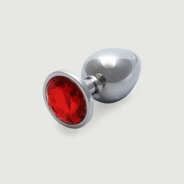 Large Round Gem Metal Butt Plug - Silver/Red