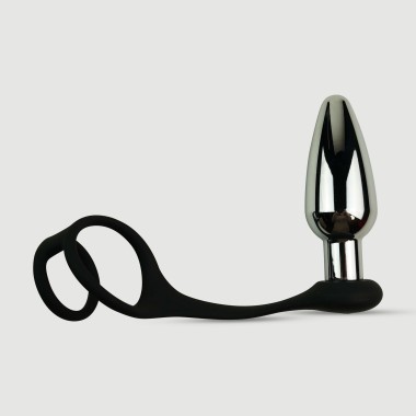 Anal Intruder Metal Vibrating Butt Plug with Double Cock Ring - Silver