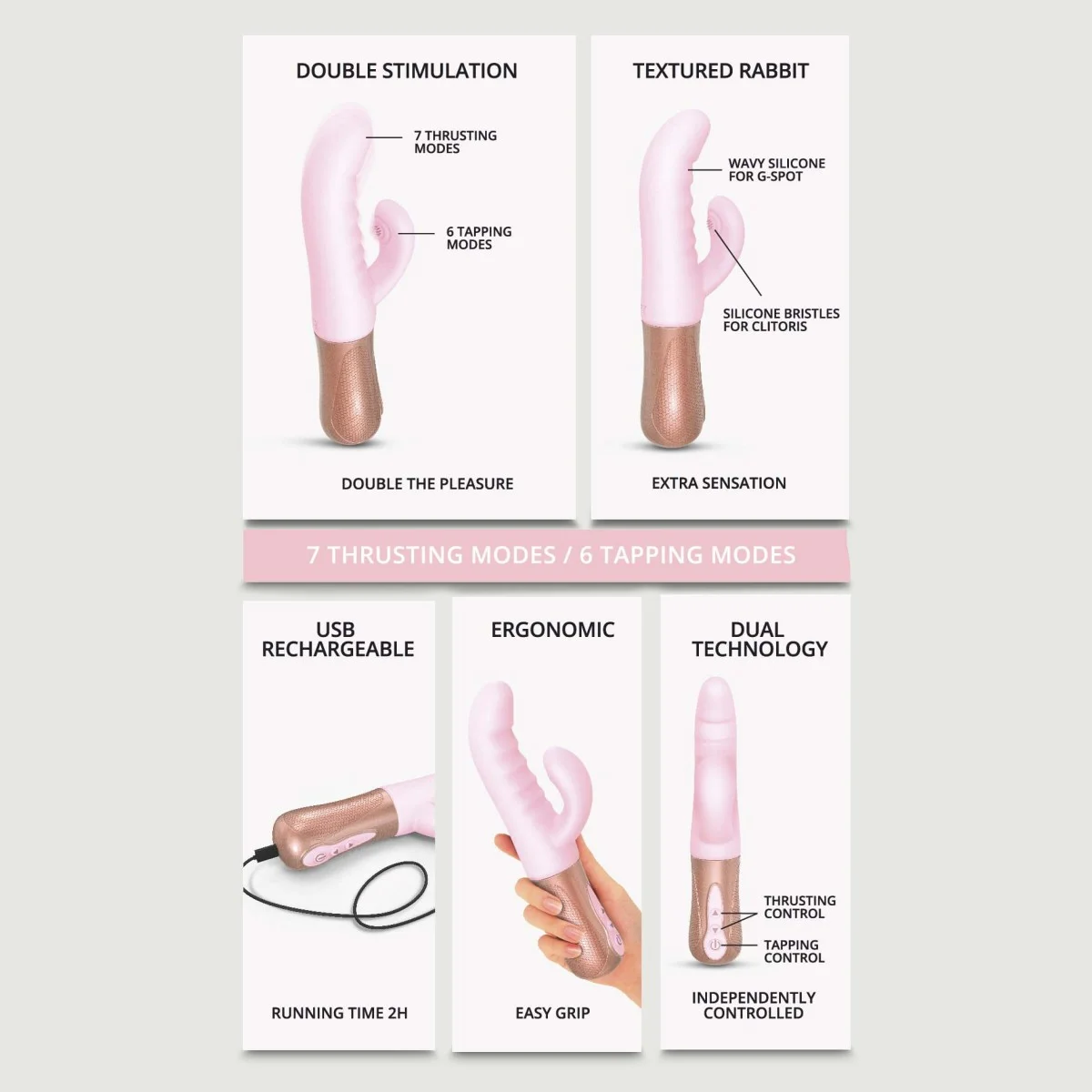 Sassy Bunny Thrusting & Tapping Silicone Rabbit G-Spot Vibrator - Pink by Sexopolis