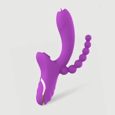 Naysha Triple Silicone Vibrator with Clitoral Suction & Anal Beads - Purple