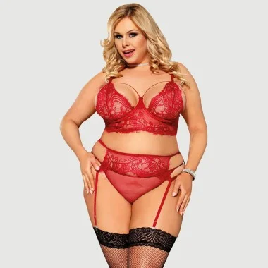 Plus Size Δαντελένιο Σετ Σουτιέν Με Ανοιχτό Στήθος & Ζαρτιέρες Με Μεταλλικό Δαχτυλίδι Lace Open Bust Bra And Garter Panty Set With Steel Ring - Κόκκινο