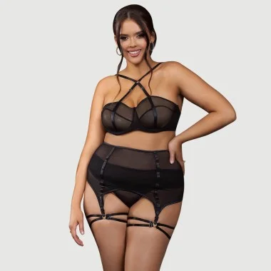 Plus Size Διάφανο Σετ Εσωρούχων Με Μπανέλα & Ζαρτιέρες Mesh Underwire Garter Lingerie Set - Μαύρο