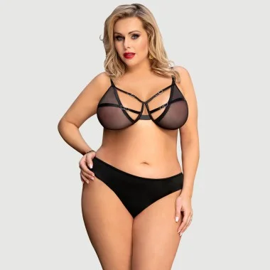 Plus Size Διάφανο Σετ Σουτιέν Χωρίς Μπανέλα Mesh Perspective Fashion Bra Set Without Underwire - Μαύρο