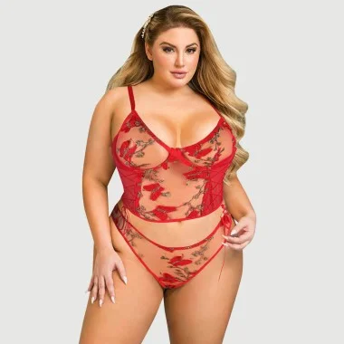 Plus Size Κόκκινο Σετ Εσώρουχα Με Δαντέλα & Κέντημα Butterfly Pattern Embroidery Mesh Lingerie Set With Underwire - Κόκκινο