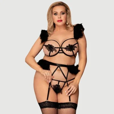 Plus Size Σέξι Σετ Με Κέντημα & Φτερά Σουτιέν Με Μπανέλα Sexy 3 Pcs Embroidery Applique Feather Bra Panty Set With Underwire - Μαύρο