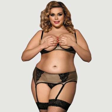 Plus Size Σετ Fibi Με Ανοιχτό Σουτιέν Σλιπ & Ζαρτιέρες Με Μπανέλα Fibi Set With Open Bra Thong Garter With Underwire - Μαύρο