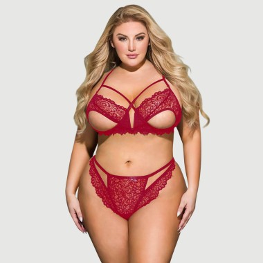 Plus Size Σετ Σουτιέν Με Δαντέλα & Βαθύ V Exquisite Lace Appeal Deep V Mini Temptation Bra Set - Κόκκινο