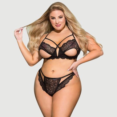 Plus Size Σετ Σουτιέν Με Δαντέλα & Βαθύ V Exquisite Lace Appeal Deep V Mini Temptation Bra Set - Μαύρο