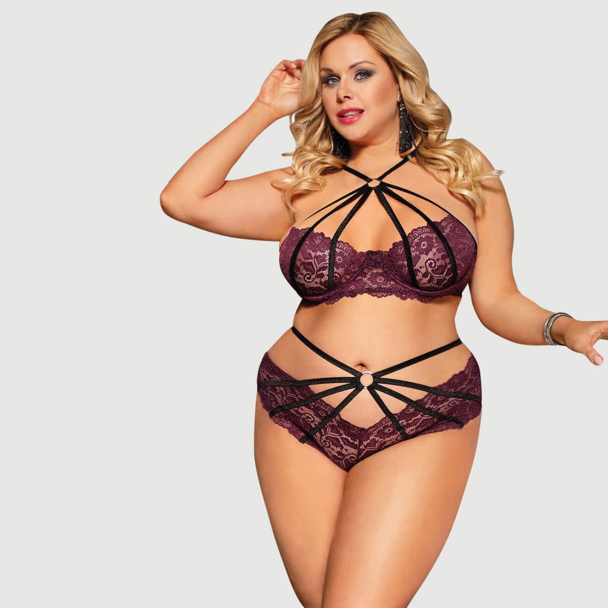 Plus Size Σετ Σουτιέν Με Δαντέλα & Μπανέλα Με Σταυρωτά Λουριά Fashion Sexy Lace Underwire Stitching Cross Straps Bra Set - Μωβ by Sexopolis