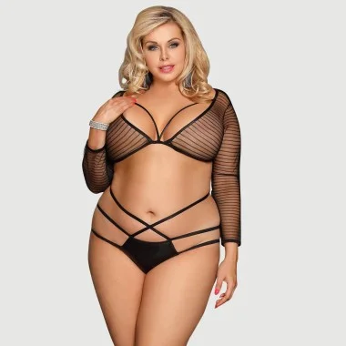 Plus Size Σετ Σουτιέν Με Ριγέ Δαντέλα & Μακριά Μανίκια Striped Lace Long Sleeve Bra Set - Μαύρο