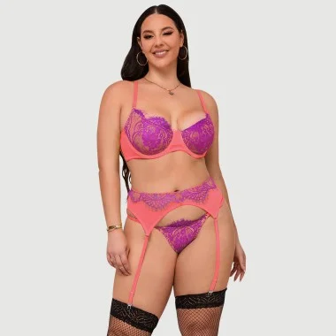 Plus Size Σετ Σουτιέν & Σλιπ Με Δαντέλα & Λεπτομέρειες Τριαντάφυλλου Rose Spliced Eyelash Lace Bra Set - Ροζ