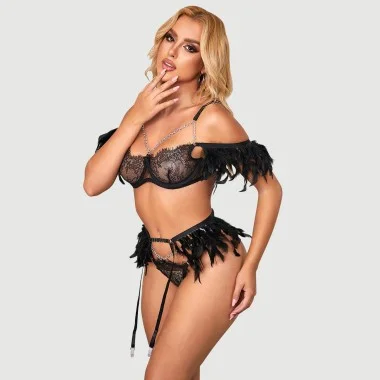 Sexy Σετ Με Φτερά & Δαντέλα Με Αλυσίδα Sexy Bra Set With Feather Lace Chain - Μαύρο