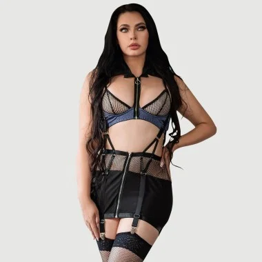 Plus Size Τοπ Σουτιέν Με Φερμουάρ & Πλάτη Χωρίς Κάλυψη Mesh Bra Top With Zipper Front & Backless Sexy Dress Costume - Μαύρο