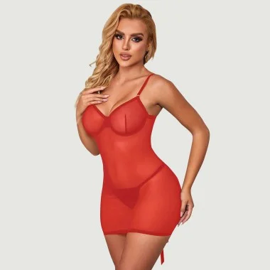 Sexy Φόρεμα Με Άνοιγμα Πίσω Sexy Mesh Strappy Lingerie With A Lace-Up Back - Κόκκινο