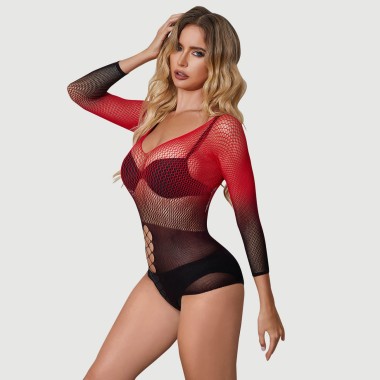 Διχτυωτό Ολόσωμο Two Color Gradient Stretchy Fishnet Bodystocking - Μαύρο/Κόκκινο