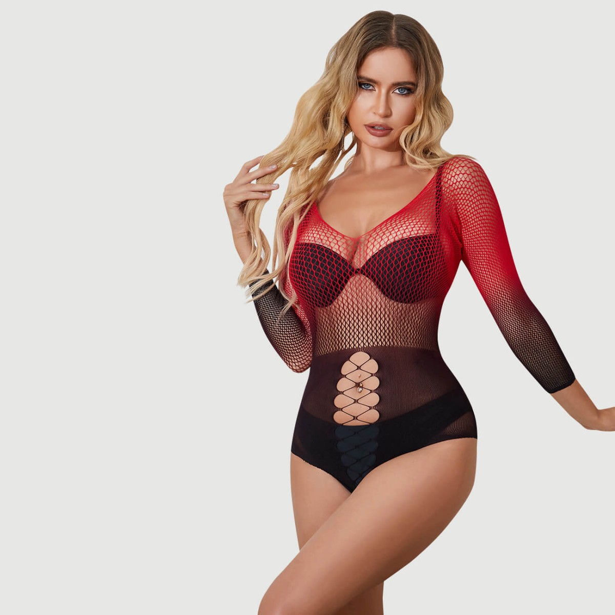 Διχτυωτό Ολόσωμο Two Color Gradient Stretchy Fishnet Bodystocking - Μαύρο/Κόκκινο by Sexopolis