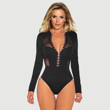 Κορμάκι με Μανίκια Hook Buckles Long Sleeve Slim Mesh Bodysuit - Μαύρο