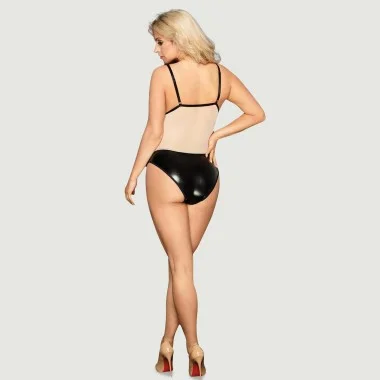 Κορμάκι Sexy Denisse Wetlook Body with Lace & Mesh - Μαύρο