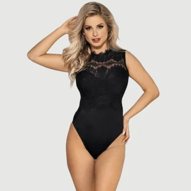 Κορμάκι Sexy Eyelash Lace Mesh Open Crotch Sleeveless Bodysuit - Μαύρο