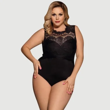 Κορμάκι Sexy Eyelash Lace Mesh Open Crotch Sleeveless Plus Size Bodysuit - Μαύρο
